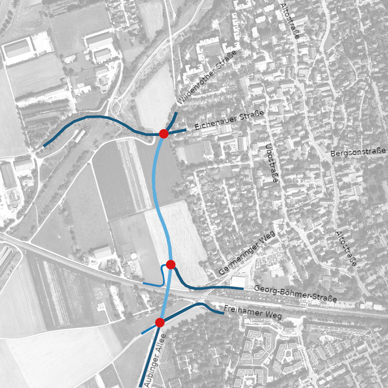 Luftbild mit Straßenanbindung zwischen Freiham und Aubing